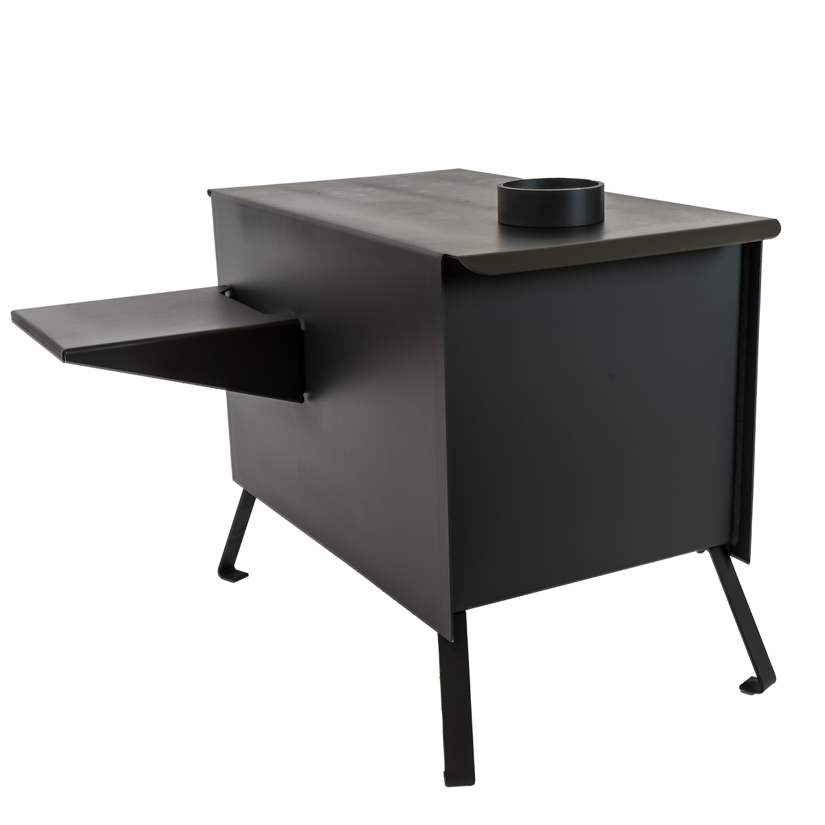 Buck Stove Model Big Buck Black Wood Burning Campstove With Legs, Shelves and 4" Collar