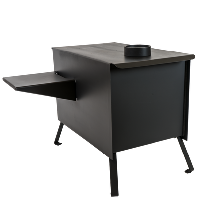 Buck Stove Model Big Buck Black Wood Burning Campstove With Legs, Shelves and 4" Collar