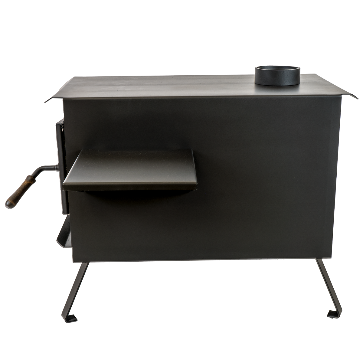Buck Stove Model Big Buck Black Wood Burning Campstove With Legs, Shelves and 4" Collar