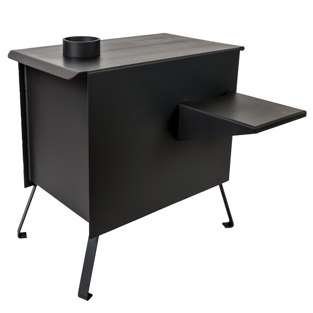 Buck Stove Model Big Buck Black Wood Burning Campstove With Legs, Shelves and 4" Collar