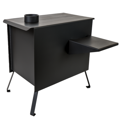 Buck Stove Model Big Buck Black Wood Burning Campstove With Legs, Shelves and 4" Collar