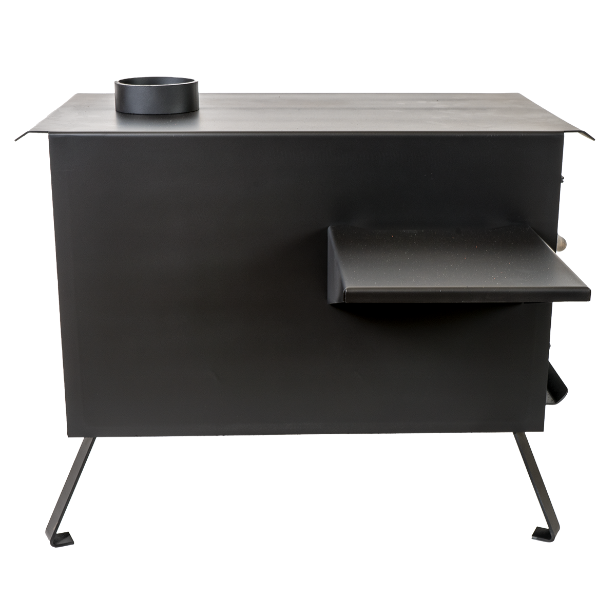 Buck Stove Model Big Buck Black Wood Burning Campstove With Legs, Shelves and 4" Collar