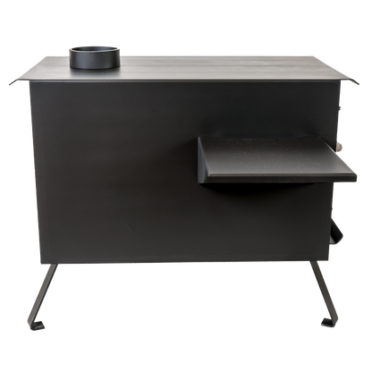 Buck Stove Model Big Buck Black Wood Burning Campstove With Legs, Shelves and 4" Collar