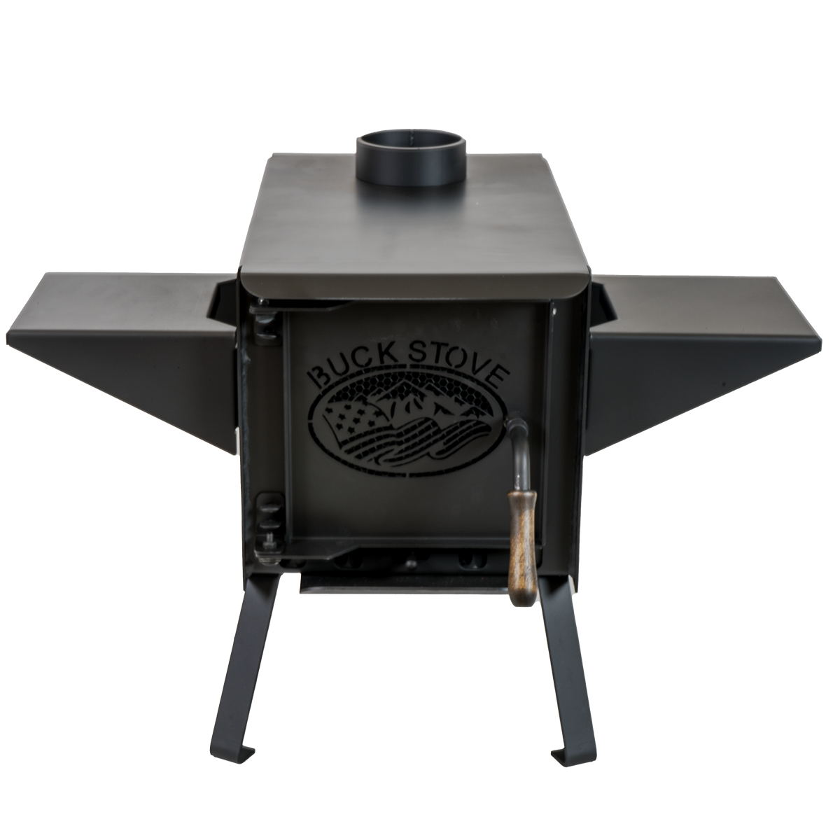 Buck Stove Model Big Buck Black Wood Burning Campstove With Legs, Shelves and 4" Collar
