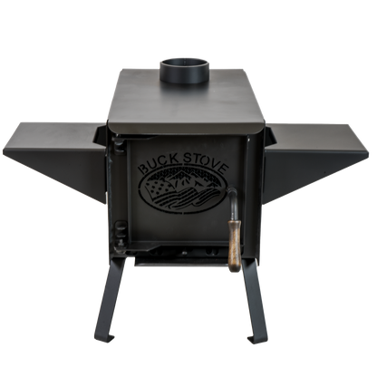Buck Stove Model Big Buck Black Wood Burning Campstove With Legs, Shelves and 4" Collar