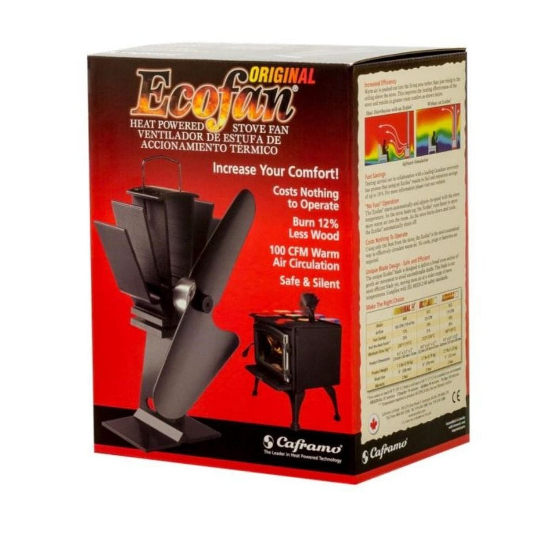 Caframo 8" Ecofan Original Heat Powered Wood Stove Fan with Black Blade
