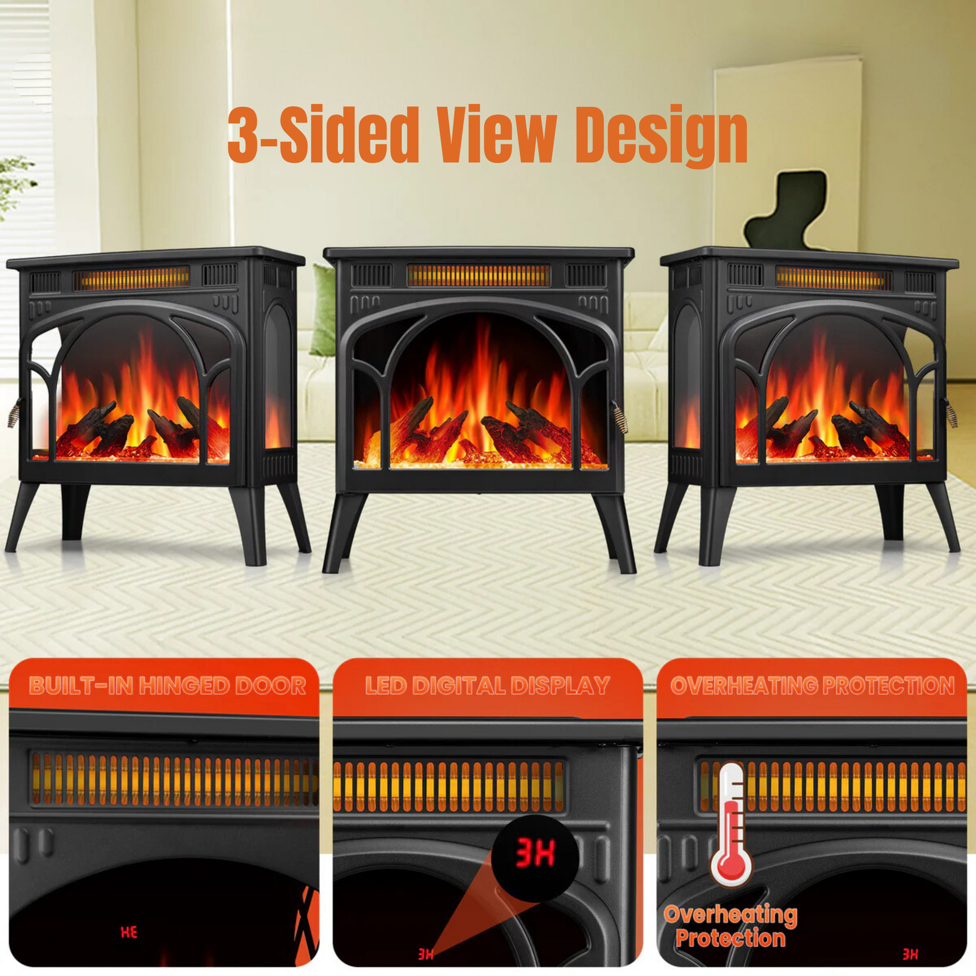 R.W.FLAME 24" Black 500W-1500W Electric Fireplace Heater With 3D-Realistic Flame Effect and Different Flame Colors