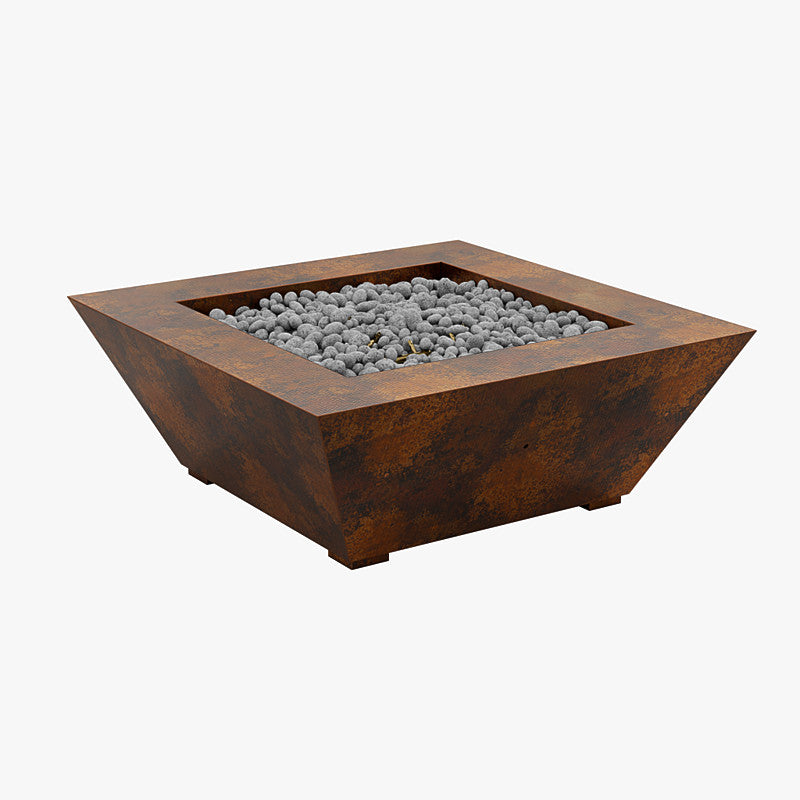 CopperSmith 36"W x 18"H Fire Copper Liquid Propane Square Tapered Fire Pit With 24V Ignition , Rolled Lava Rock , Red Fire Glass and Tabletop Cover