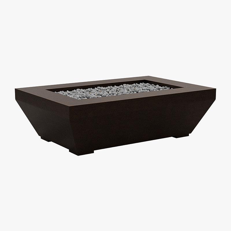 CopperSmith 60"L x 40"W x 18"H Aged Copper Rectangular Liquid Propane Semi-tapered Fire Pit With Push-Button and Rolled Lava Rock and Clear Fire Glass