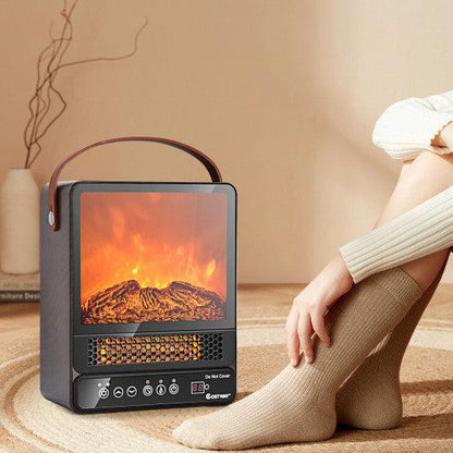 Costway 1500W Electric Fireplace Tabletop Portable Space Heater with 3D Flame Effect - Walnut