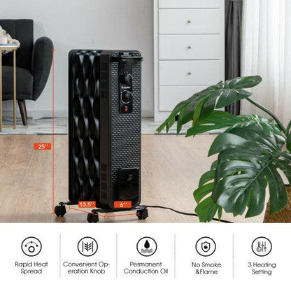 Costway 1500W Oil-Filled Heater Portable Radiator Space Heater with Adjustable Thermostat - Black