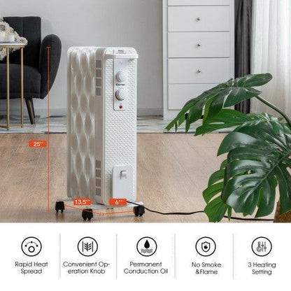 Costway 1500W Oil-Filled Heater Portable Radiator Space Heater with Adjustable Thermostat - White