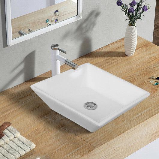 Costway 16" x 16" Square Bathroom Ceramic Vessel Sink with Pop-up Drain