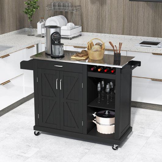Costway 2-Door Black Rolling Kitchen Island Cart with Stainless Steel Top and Wine Storage Shelf