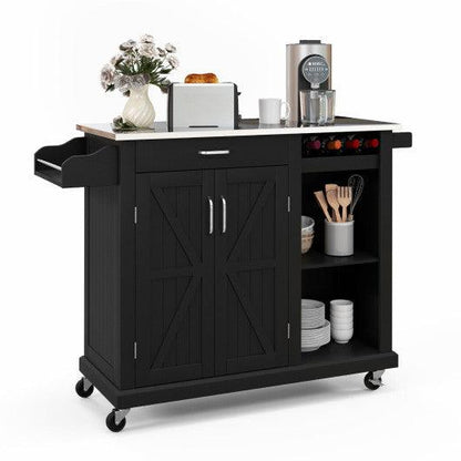 Costway 2-Door Black Rolling Kitchen Island Cart with Stainless Steel Top and Wine Storage Shelf