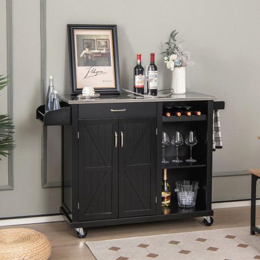 Costway 2-Door Black Rolling Kitchen Island Cart with Stainless Steel Top and Wine Storage Shelf