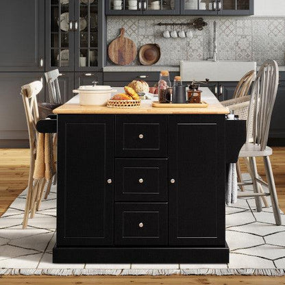Costway 2-Door Large Black Mobile Kitchen Island Cart with Hidden Wheelsand 3 Drawers