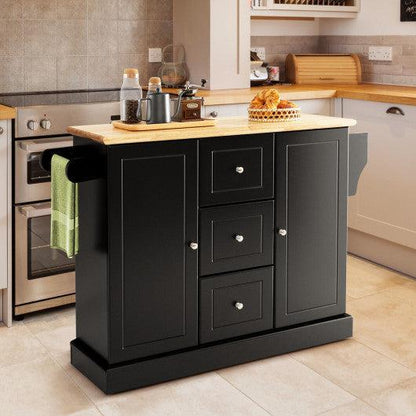 Costway 2-Door Large Black Mobile Kitchen Island Cart with Hidden Wheelsand 3 Drawers
