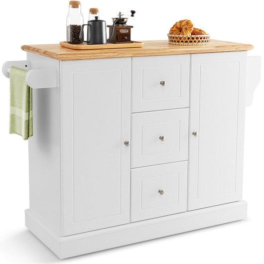 Costway 2-Door Large White Mobile Kitchen Island Cart with Hidden Wheelsand 3 Drawers