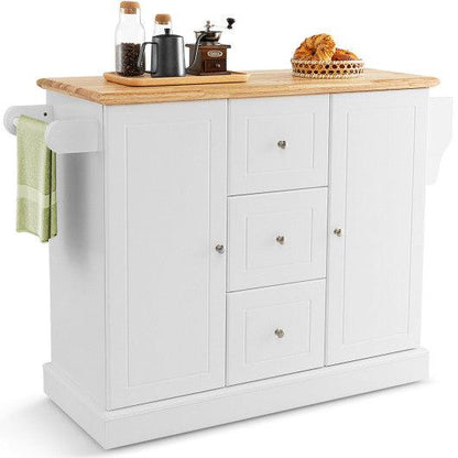 Costway 2-Door Large White Mobile Kitchen Island Cart with Hidden Wheelsand 3 Drawers