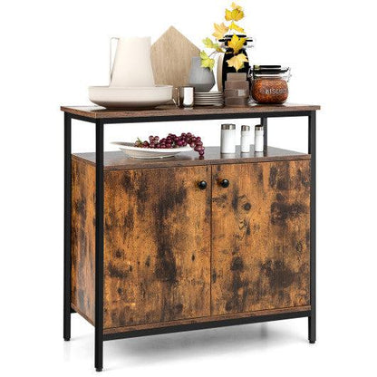 Costway 2-Door Rustic Brown Buffet Cabinet with Shelves and Cable Management Holes