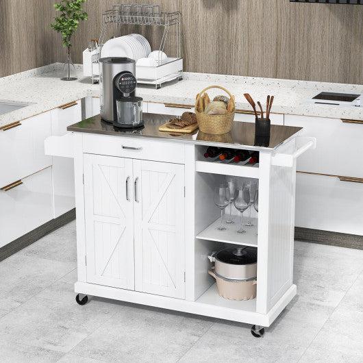 Costway 2-Door White Rolling Kitchen Island Cart with Stainless Steel Top and Wine Storage Shelf