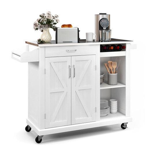 Costway 2-Door White Rolling Kitchen Island Cart with Stainless Steel Top and Wine Storage Shelf