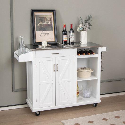 Costway 2-Door White Rolling Kitchen Island Cart with Stainless Steel Top and Wine Storage Shelf
