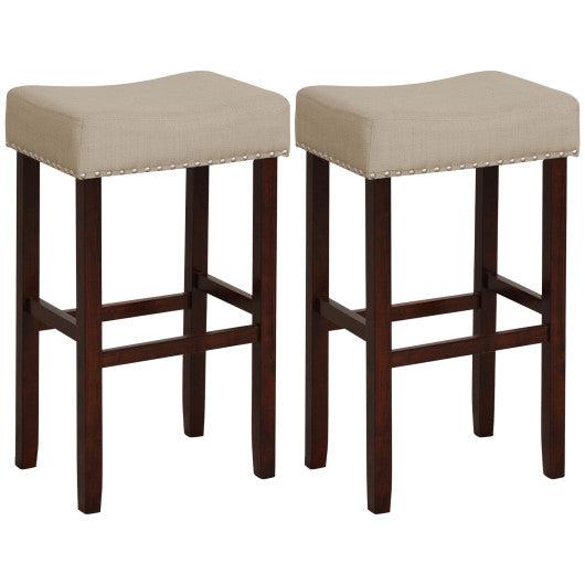 Costway 2 Set of 29" Beige Height Upholstered Bar Stool with Solid Rubber Wood Legs and Footrest