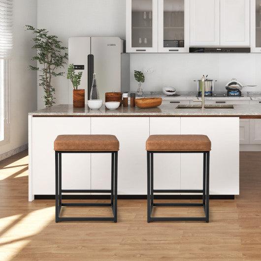 Costway 24" 2 Pieces Brown Bar Stools with Thick PVC Leather Cushion and Footrest