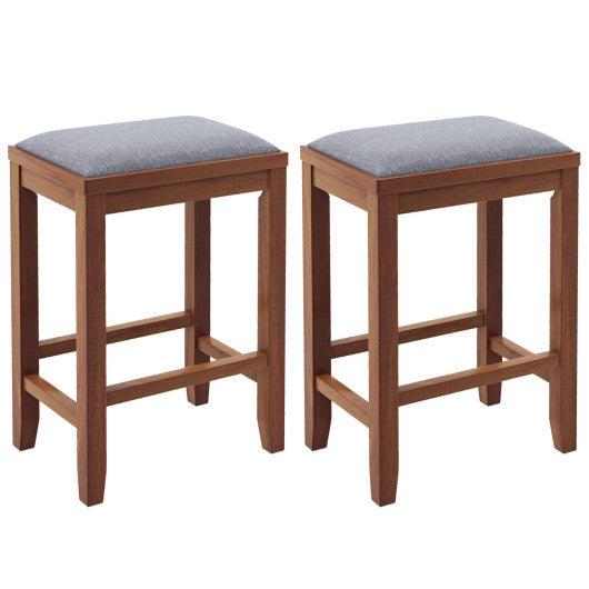 Costway 25" 2 Pieces Brown Upholstered Bar Stool Set with Solid Rubber Wood Frame and Footrest