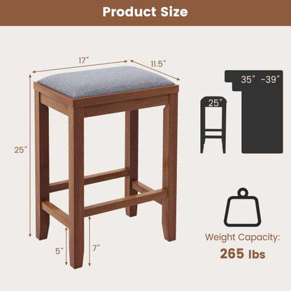 Costway 25" 2 Pieces Brown Upholstered Bar Stool Set with Solid Rubber Wood Frame and Footrest