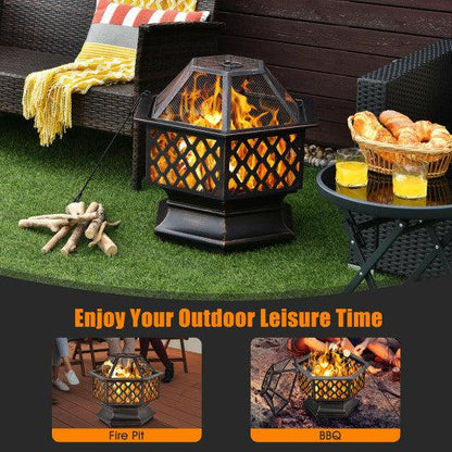 Costway 26" Hex-Shaped Portable Wood Burning Firepit Bowl with Screen Cover and Poker