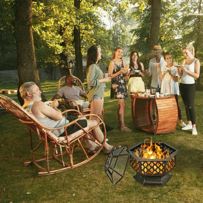 Costway 26" Hex-Shaped Portable Wood Burning Firepit Bowl with Screen Cover and Poker