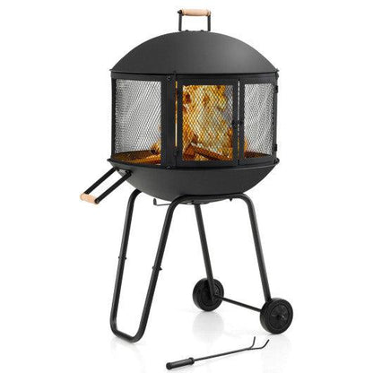 Costway 28" Black Portable Fire Pit on Wheels with Log Grate