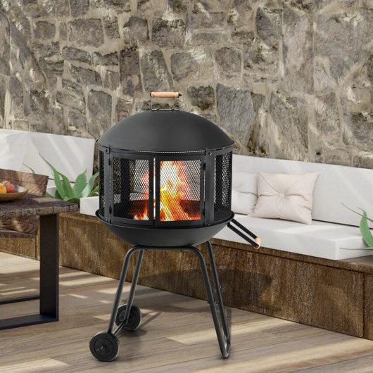 Costway 28" Black Portable Fire Pit on Wheels with Log Grate