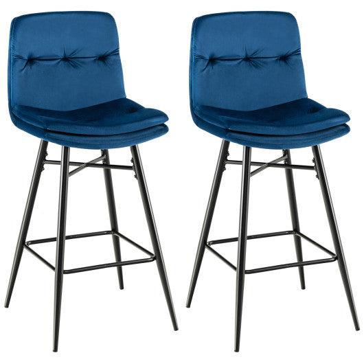 Costway 29" 2 Pieces Blue Velvet Bar Stools Set with Tufted Back and Footrests