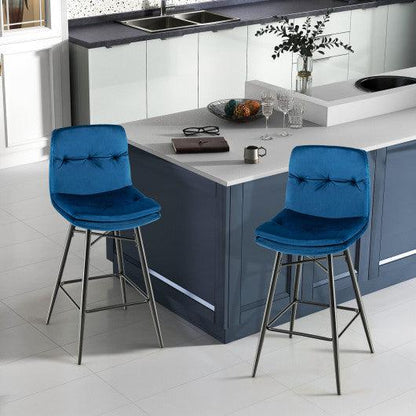 Costway 29" 2 Pieces Blue Velvet Bar Stools Set with Tufted Back and Footrests