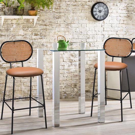 Costway 29.5" Brown Modern Faux Leather Bar Stools with Imitation Rattan Woven Backrest