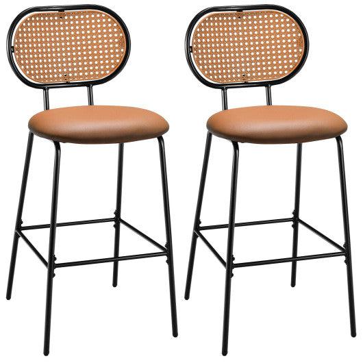 Costway 29.5" Brown Modern Faux Leather Bar Stools with Imitation Rattan Woven Backrest