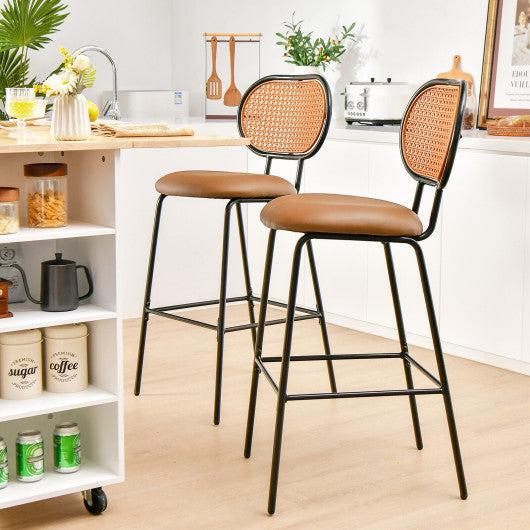 Costway 29.5" Brown Modern Faux Leather Bar Stools with Imitation Rattan Woven Backrest