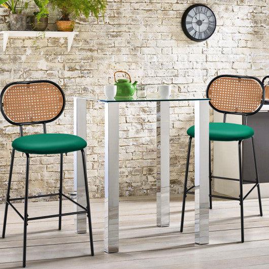 Costway 29.5" Green Modern Faux Leather Bar Stools with Imitation Rattan Woven Backrest
