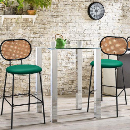 Costway 29.5" Green Modern Faux Leather Bar Stools with Imitation Rattan Woven Backrest