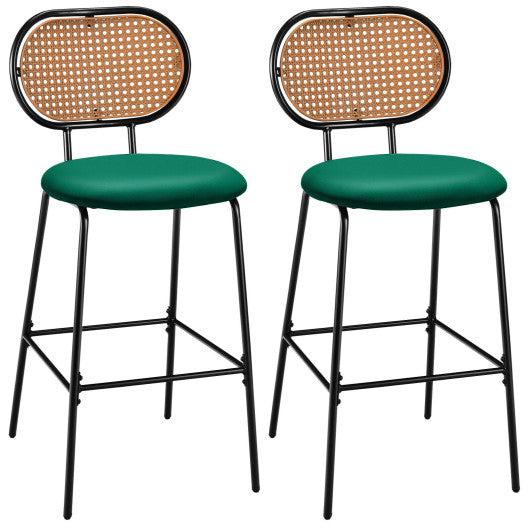 Costway 29.5" Green Modern Faux Leather Bar Stools with Imitation Rattan Woven Backrest