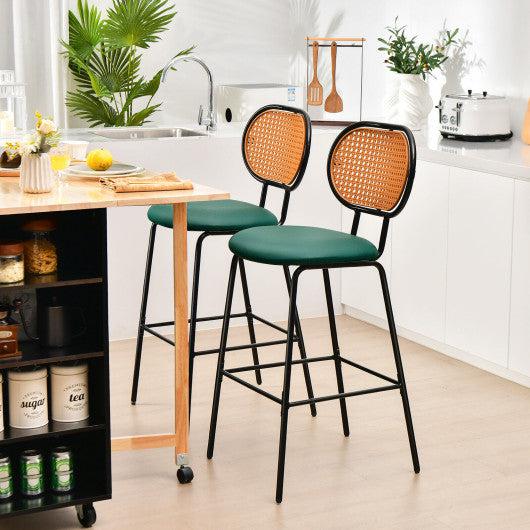 Costway 29.5" Green Modern Faux Leather Bar Stools with Imitation Rattan Woven Backrest