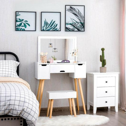 Costway 3 Drawers Large Mirror Makeup Dressing Table & Storage Stool Set