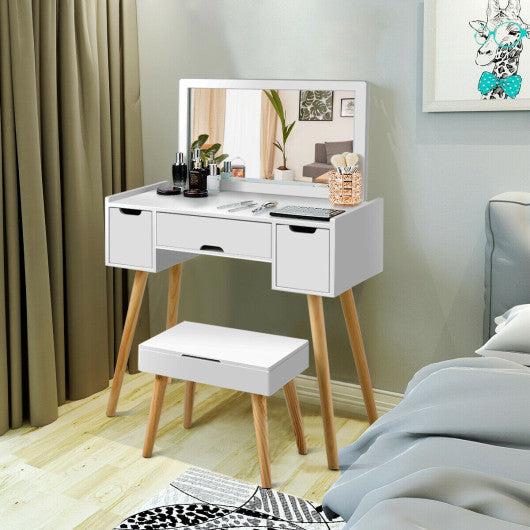Costway 3 Drawers Large Mirror Makeup Dressing Table & Storage Stool Set