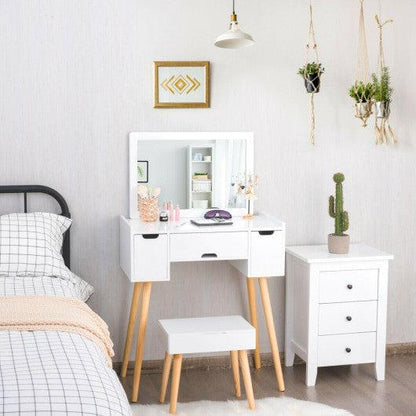 Costway 3 Drawers Large Mirror Makeup Dressing Table & Storage Stool Set