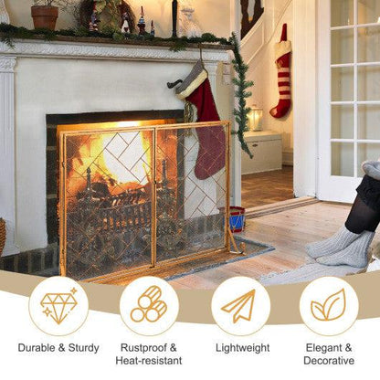 Costway 3-Panel Golden Folding Wrought Iron Fireplace Screen with Doors and 4 Pieces Tools Set