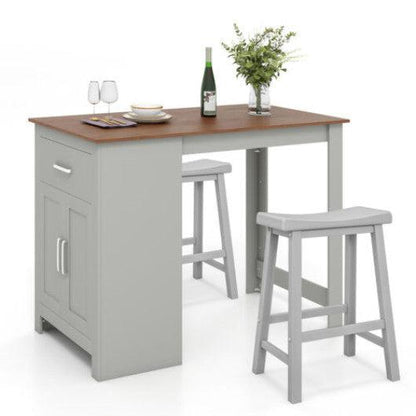Costway 3-Piece Gray Bar Table Set for 2 with 2 Saddle Stools for Dining Room